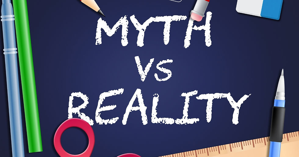 Text "MYTH vs REALITY" in white on a dark blue background. Surrounding objects include pens, pencils, an eraser, and a ruler.
