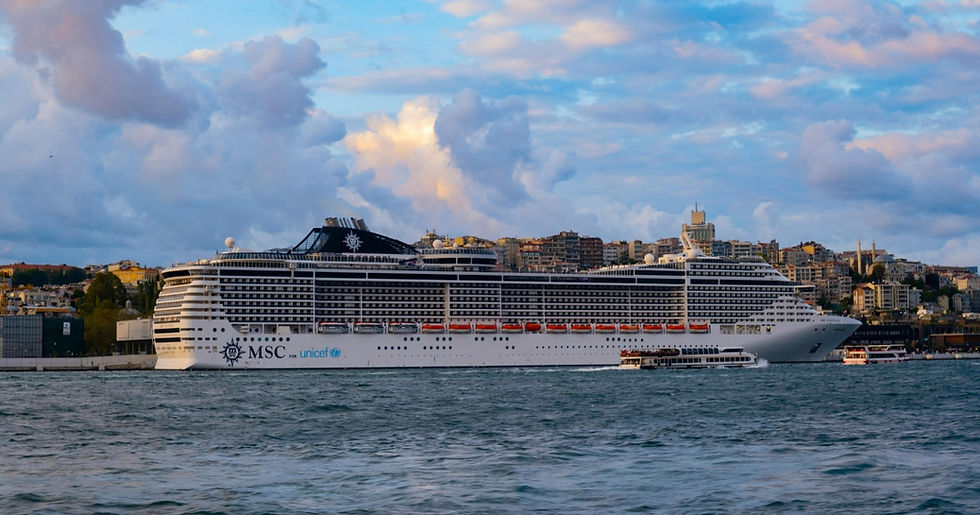 Cruise ship with MSC and UNICEF logos on blue water, city skyline in background, under a cloudy sky at sunset.