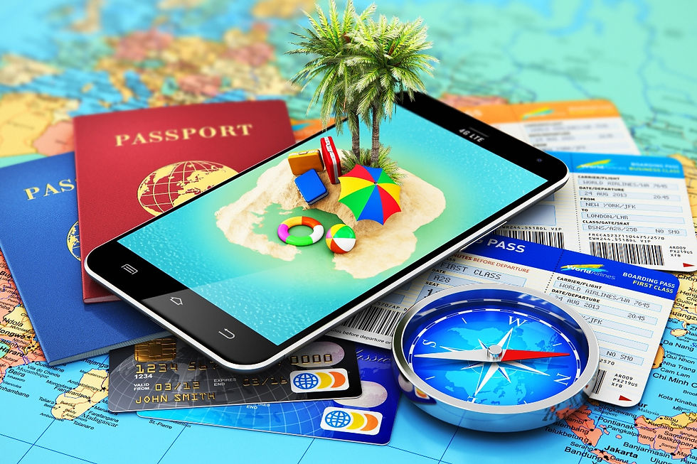 Mobile phone, passport and travel documents on a world map