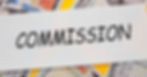 A white card with "COMMISSION" in bold black letters lies on a background of scattered dollar bills, suggesting wealth or finance.