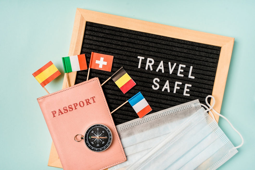 Travel safe concept with mask, passport, and travel safe sign on turquoise background