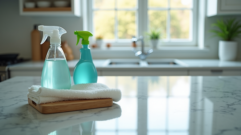 High angle view of a sparkling clean kitchen countertop with cleaning supplies
