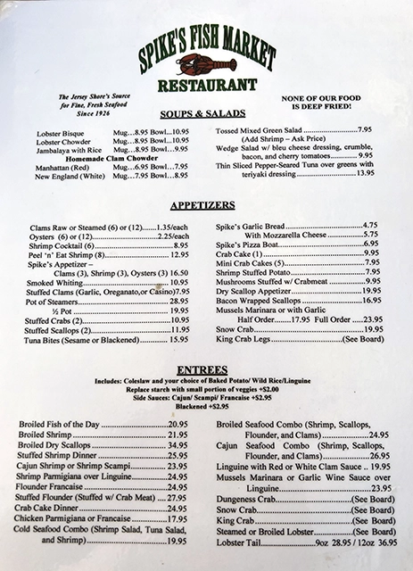 Menu Spike's Fish Market & Restaurant Point Pleasant Beach NJ