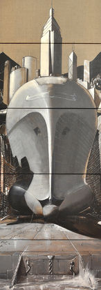 Proue de navire monumental ou "Arche"  dans une rue de Hong Kong et dock