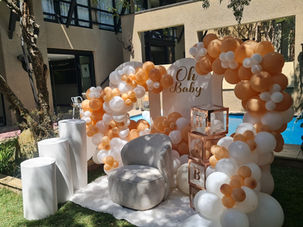 Oh Baby wedding backdrop with balloon garland, tables and chairs, Nomalanga Events Creations