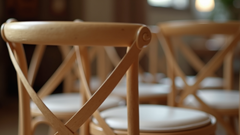 Close-up view of a crossback chair with a white cushion at an indoor event