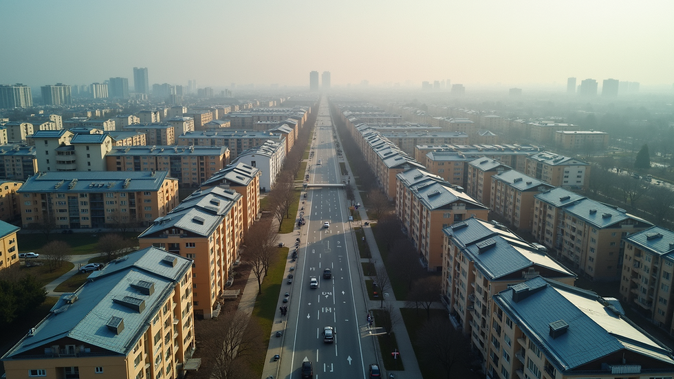 High angle view of a mixed-use urban development with residential and commercial buildings