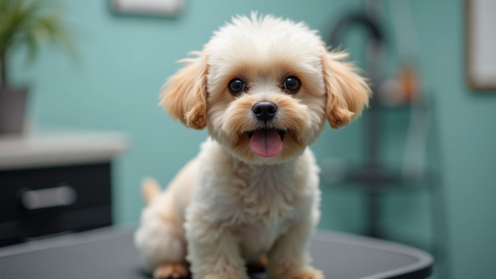Close-up of a well-groomed small dog sitting calmly on a grooming table
