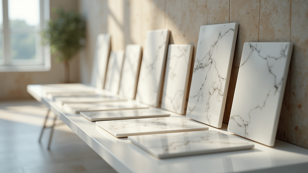 Close-up view of a variety of porcelain tiles arranged on display