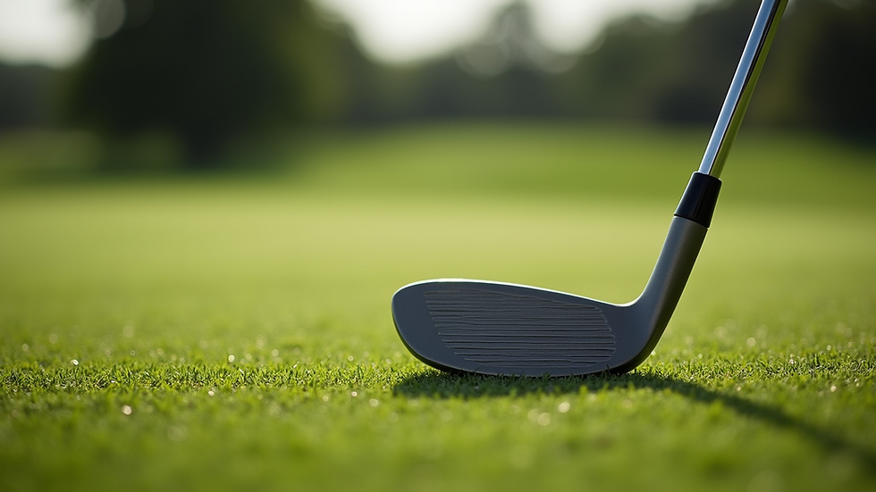 Close-up view of a well-worn golf club resting on a green fairway