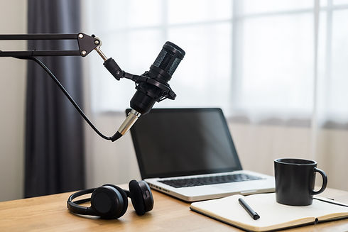 Condenser microphone in recording home studio. Content creator working with laptop host st