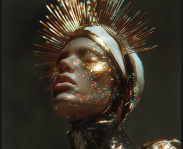 Mystical woman with golden halo, glitter-speckled face, dark background.