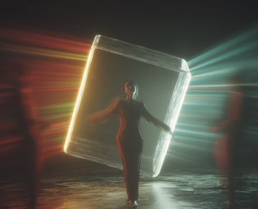 Woman holds glowing cube, ethereal light rays, AI music and sound design.