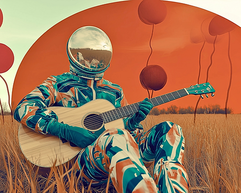 HIGH PECULIAR ART PRINT AI Image by Eric Kerr A Human in the Loop astronaut with guitar in field