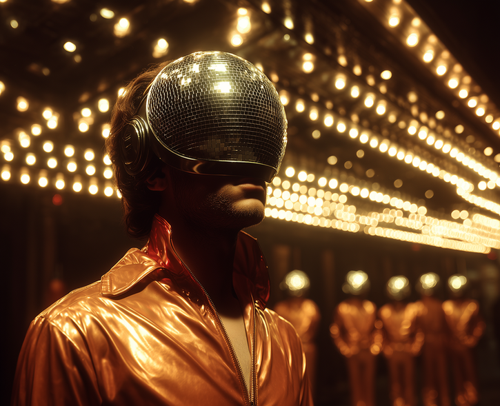 Man in shiny orange jumpsuit, disco ball helmet, bright corridor.