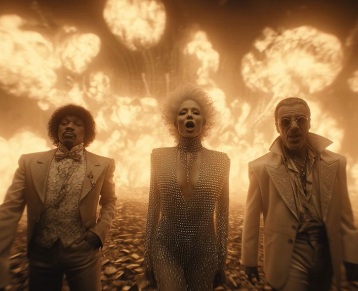 Three glamorous individuals before a dramatic, fiery, apocalyptic explosion.