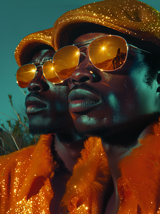 Man in sparkling orange jacket, hat, reflective sunglasses, teal sky.