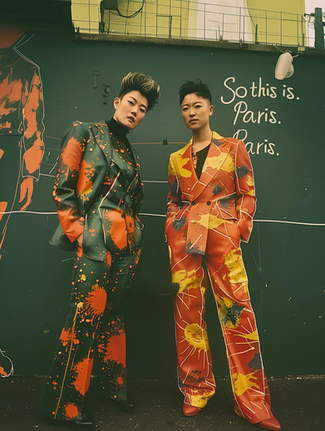 Two models in vibrant patterned suits, 'So this is. Paris. Paris.'