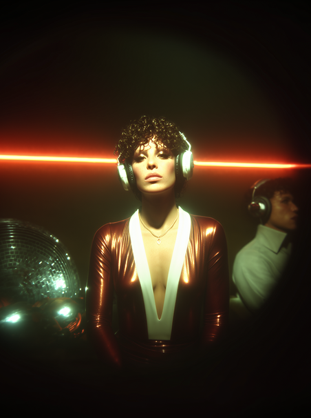 Woman with headphones, red jumpsuit, disco ball, and laser light.