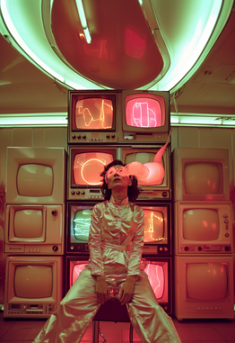 Woman in shiny jumpsuit sits among stacked TVs displaying glowing red AD.