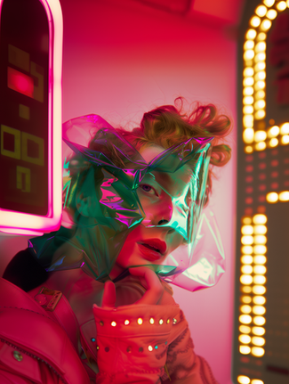 Model with translucent face shield, red lips, vibrant neon fashion editorial.