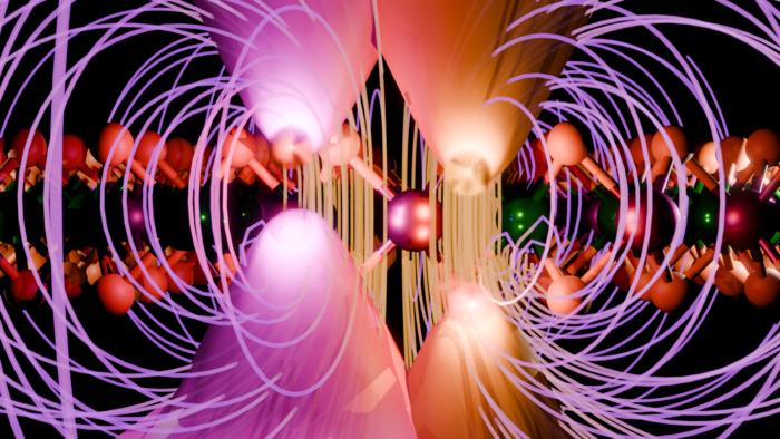 A monolayer of the transition metal dichalcogenide alloy MoWSe₂ with K⁺ and K⁻ valleys. The purple lines indicate the external magnetic field, the application of which leads to the splitting of exciton state energies as a result of the Zeeman effect. This phenomenon is illustrated as different separations between the valence band and the conduction band in the two valleys. @ Grzegorz Krasucki, Faculty of Physics, University of Warsaw