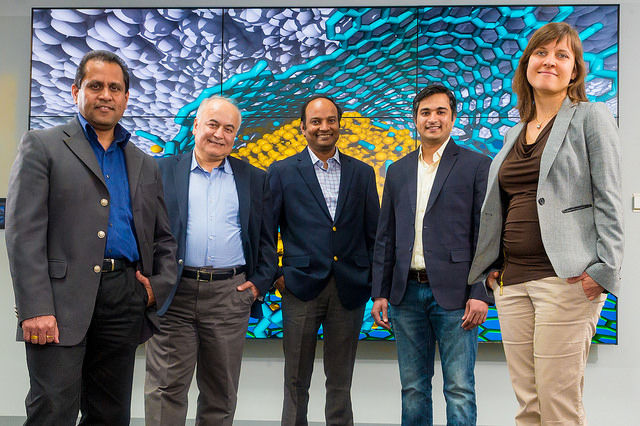 From left, researchers Ani Sumant, Ali Erdemir, Subramanian Sankaranarayanan, Sanket Deshmukh, and Diana Berman combined diamond, graphene, and carbon to achieve superlubricity.
