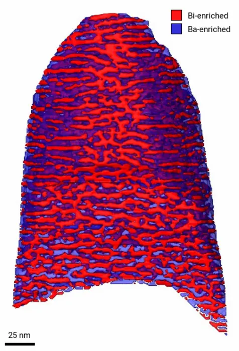 This image shows the nanoscale interconnected network of bismuth- and barium-enriched regions that constitutes the bulk ferroelectric heterostructures within the BiFeO 3 -BaTiO 3 ceramic. @University of Manchester