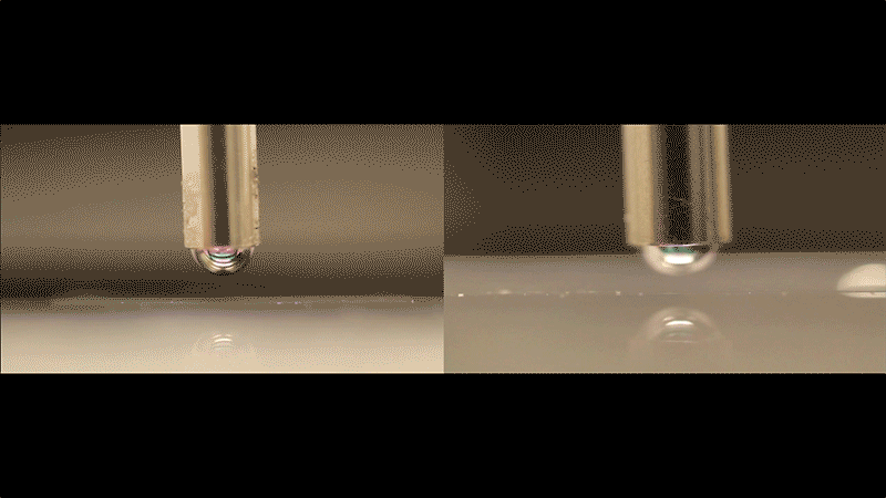 Mercury deposited on an ordinary flat surface beads up and sits atop the surface, as seen here on the left. On specially treated surfaces with re-entrant openings prefilled with liquid (on the right), a drop of mercury instead spreads out, wetting the surface.