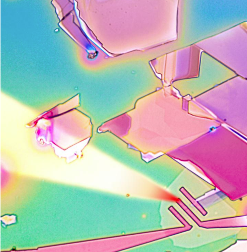 This is an image of a one-atom-deep layer of molybdenum disulfide with electrodes patterned by hot nano-tip in a new process called thermal scanning probe lithography. Researchers at NYU Tandon School of Engineering invented the process to produce high-quality semiconductors at a cost significantly lower than current electron beam lithography. @ NYU Tandon