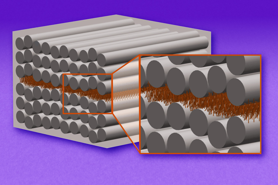 This schematic shows an engineered material with composite layers. Layers of carbon fibers (the long silver tubes) have microscopic forests of carbon nanotubes between them (the array of tiny brown objects). These tiny, densely packed fibers grip and hold the layers together, like ultrastrong Velcro, preventing the layers from peeling or shearing apart. Credits:Image: Courtesy of the researchers, edited by MIT News
