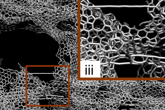 This illustration shows the simulation results of tensile and compression tests on 3-D graphene. Image: Zhao Qin