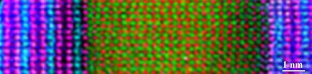 Scanning electron microscopy in combination with EELS electron spectroscopy permits to visualise atomic positions of the individual atoms in the heterostructure: Superconducting regions of YBaCuO are identified by yttrium (blue) and copper (pink), the ferromagnetic layers by manganese (green) and lanthanum (red). Courtesy MPI Stuttgart.