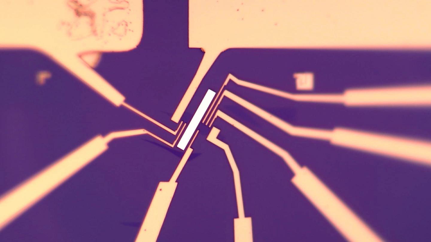 The image shows eight electrodes around a 20-nanometer-thick magnet (white rectangle). The graphene, not show, is less than is less than 1 nanometer thick and next to the magnet. @ University at Buffalo.