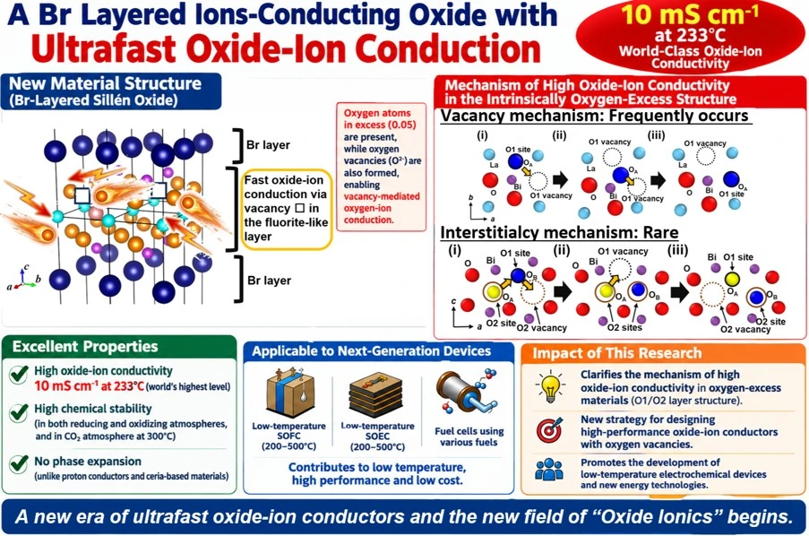 The discovered material exhibits exceptional oxide-ion conductivity at low temperatures within the Norby gap, while exhibiting high chemical stability and negligible chemical expansion, making it ideal for next-generation solid-oxide fuel cells (SOFCs). Credit: Institute of Science Tokyo