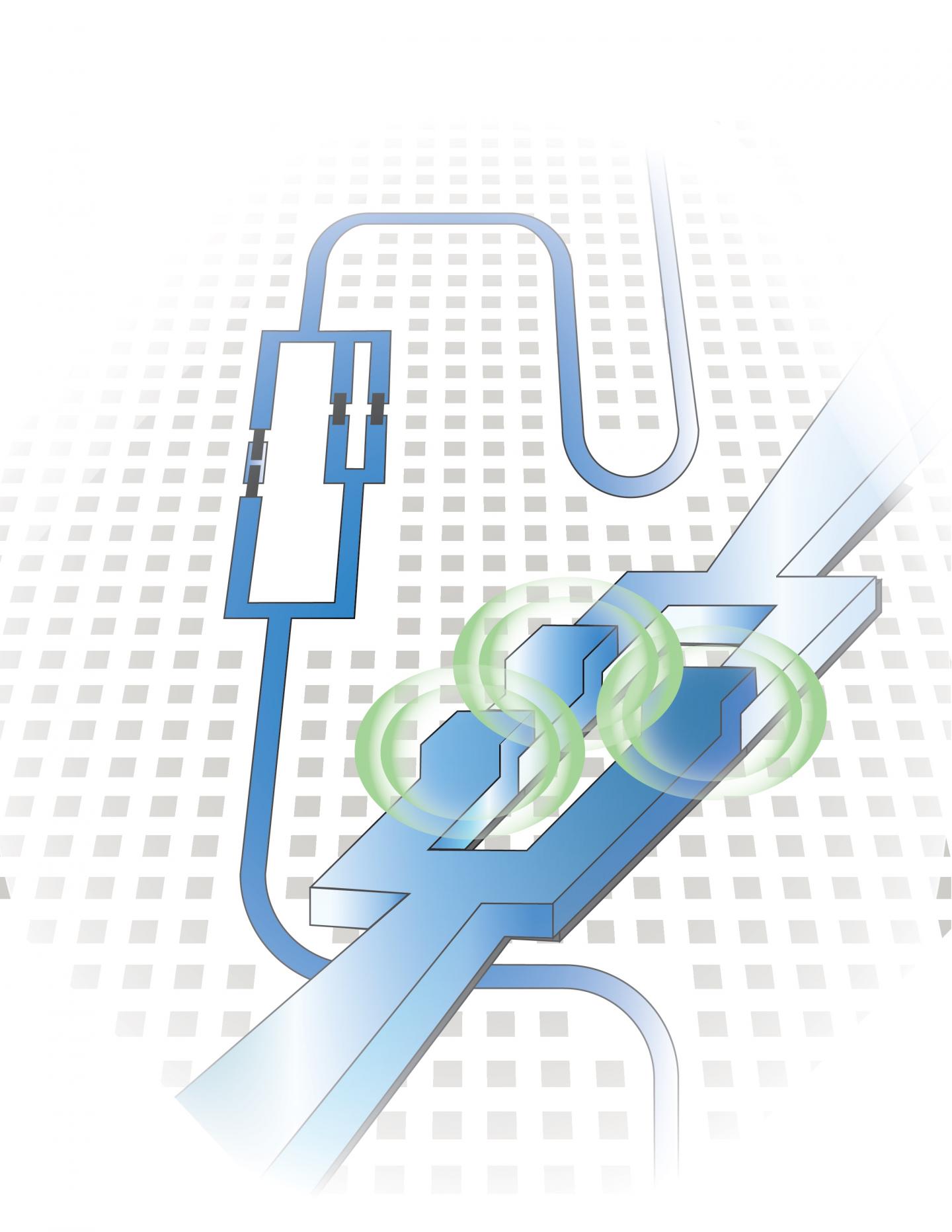 This illustration shows a qubit attached to a waveguide where light in the form of microwaves enters and exits. @ University of Waterloo