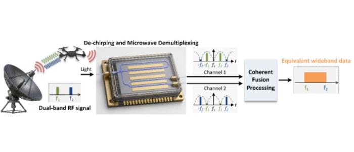 Schematic of the proposed thin-film lithium niobate integrated photonic receiver for dual-band radar. The chip integrates electro-optic modulation and interference filtering to simultaneously enable on-chip optical-domain de-chirping and microwave demultiplexing, followed by coherent fusion of the dual-band signals to synthesize an equivalent wideband signal for high-resolution radar sensing. Credit: Southwest Jiaotong University/Xihua Zou, Southwest Jiaotong University/Yongtao Du
