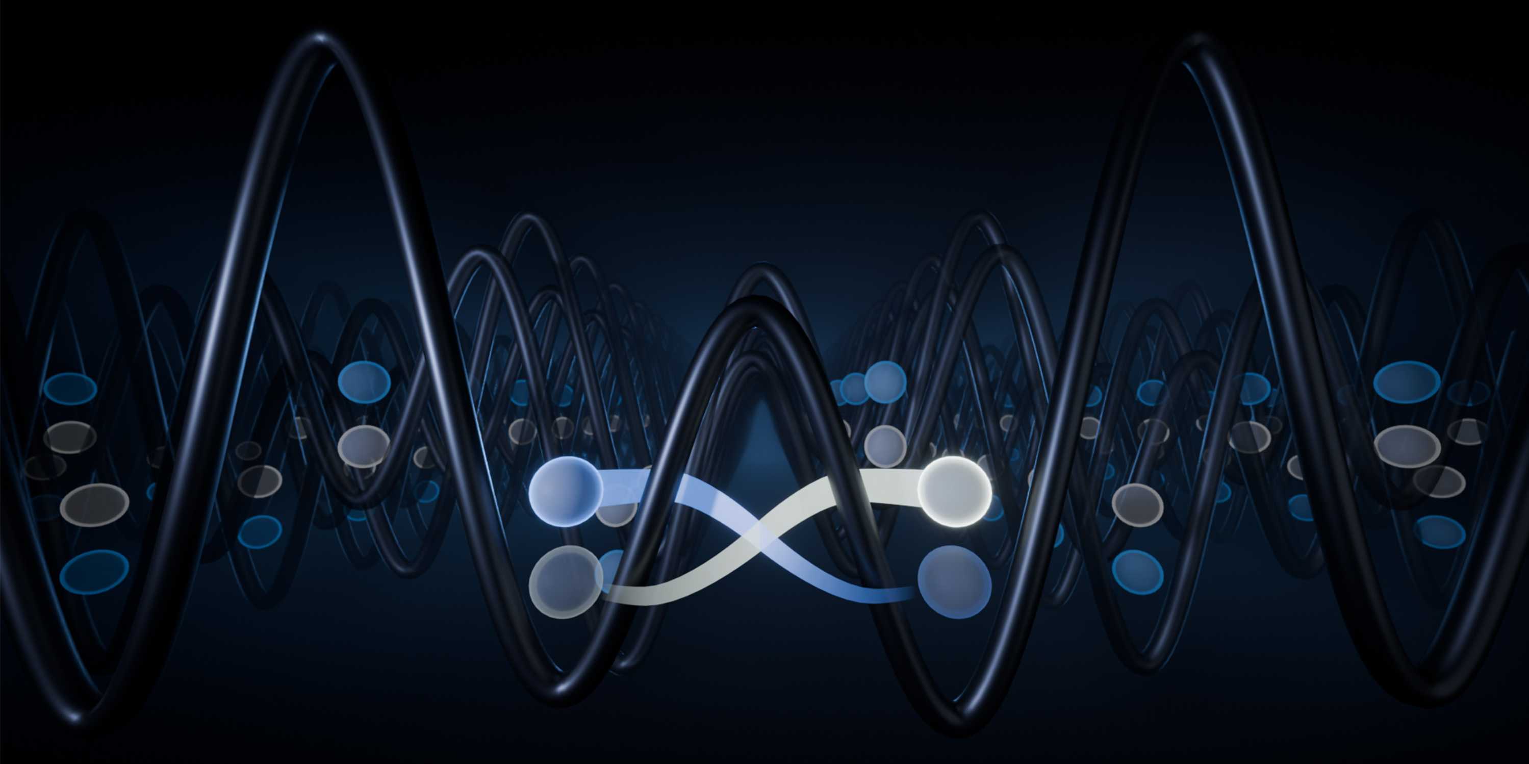 In a swap gate, neighbouring qubit states (blue and beige) are exchanged. The qubits are made of cold atoms trapped inside an artificial crystal created by laser light. (Image: Mika Blackmore-Esslinger / ETH Zurich)