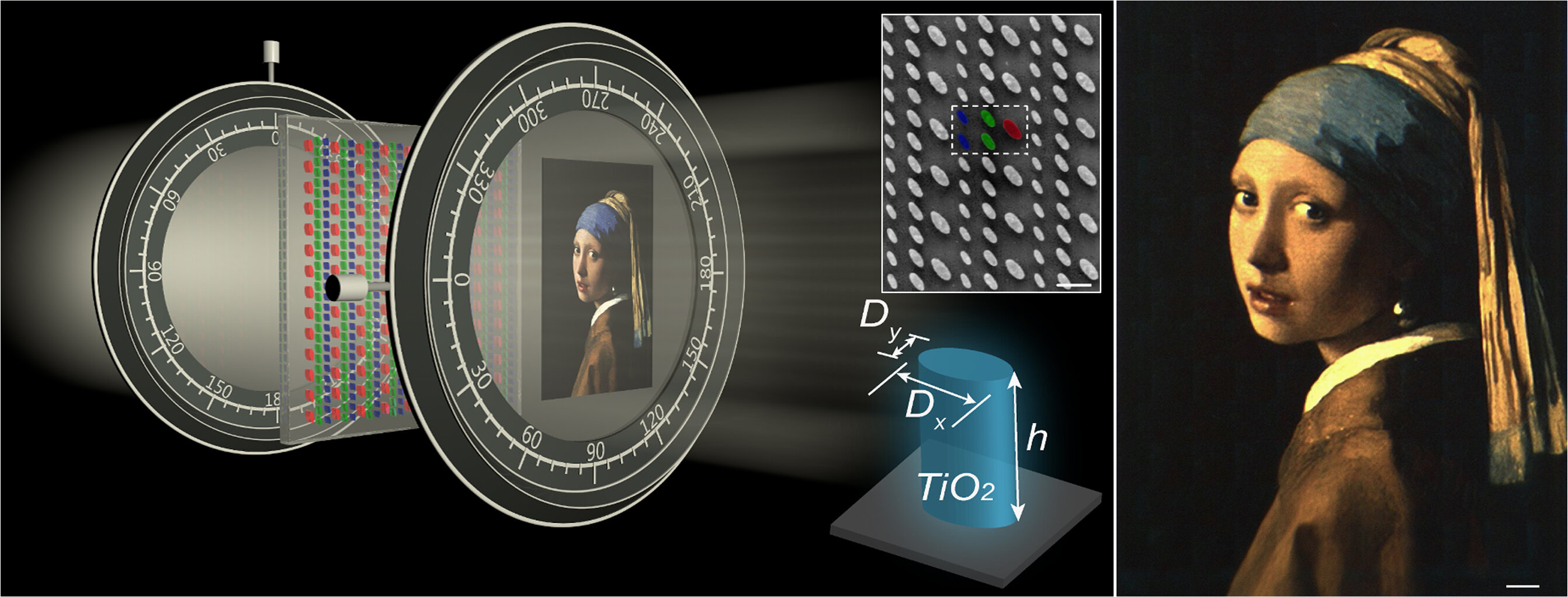 Left: Schematic for generating a full-color nanopainting image. Insets show a constituent titanium dioxide nanopillar and a scanning electron microscope image of the fabricated nanopillars. False color shading indicates the primary colors generated by the nanopillars. Scale bar: 500 nm. Right: Experimental color image of “Girl With a Pearl Earring” generated under white-light illumination. Scale bar: 50 μm. Credit: T. Xu/Nanjing University