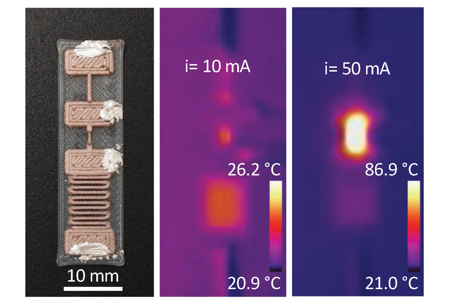 The devices are made from thin, 3D-printed traces of the copper-doped polymer. They contain intersecting conductive regions that enable the researchers to regulate the resistance by controlling the voltage fed into the switch. Credits:Image: Courtesy of the researchers