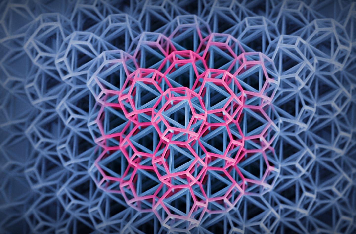 Novel tensegrity metamaterials by UCI and Georgia Institute of Technology researchers employ isolated compressive loop elements that are exclusively connected through a continuous network of tensile members (highlighted in magenta). @ Jens Bauer and Cameron Crook / UCI