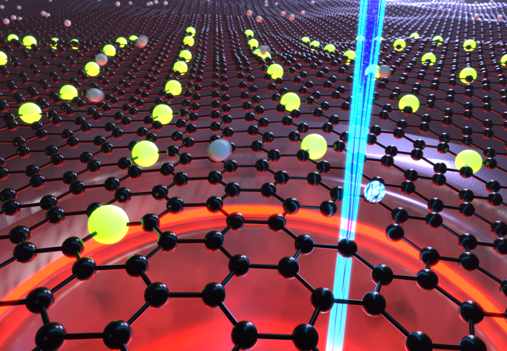 This artistic rendering shows a way to make materials atom-by-atom. The electron beam ejects a carbon atom from graphene, and a different atom bonds at the vacancy. Credit: Ondrej Dyck/ ORNL, U.S. Dept. of Energy
