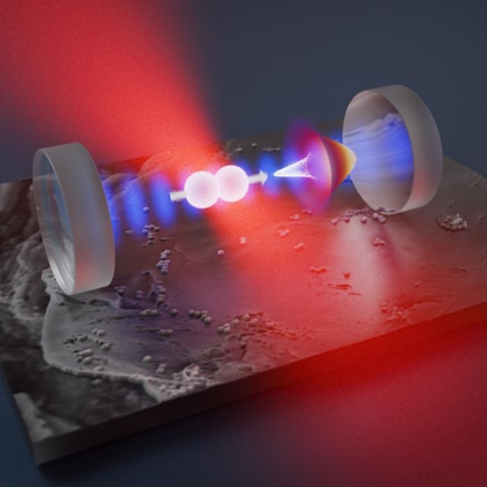 A silica nanorotor is trapped by an optical tweezer (red) inside an optical resonator (blue). Cooled, the rotor alignment in the trapping potential approaches its quantum uncertainty limit (white cone). @University of Vienna/Stephan Troyer