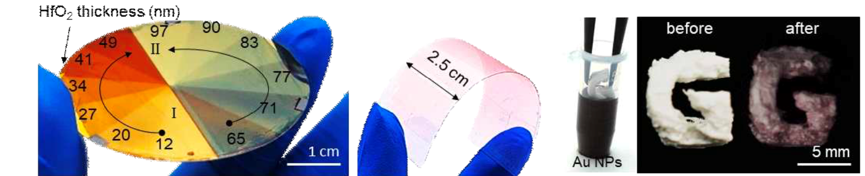 Diversification of material selection through particle assembly technology without pretreatment, full-color metasurface based on glassy mate-rials (left), flexible thin film electrode (center), 3D printed structure (right): Nanoparticles without pretreatment on various geomet-ric/material platforms can be assembled within seconds, creating optical effects in a short period of time. @GIST