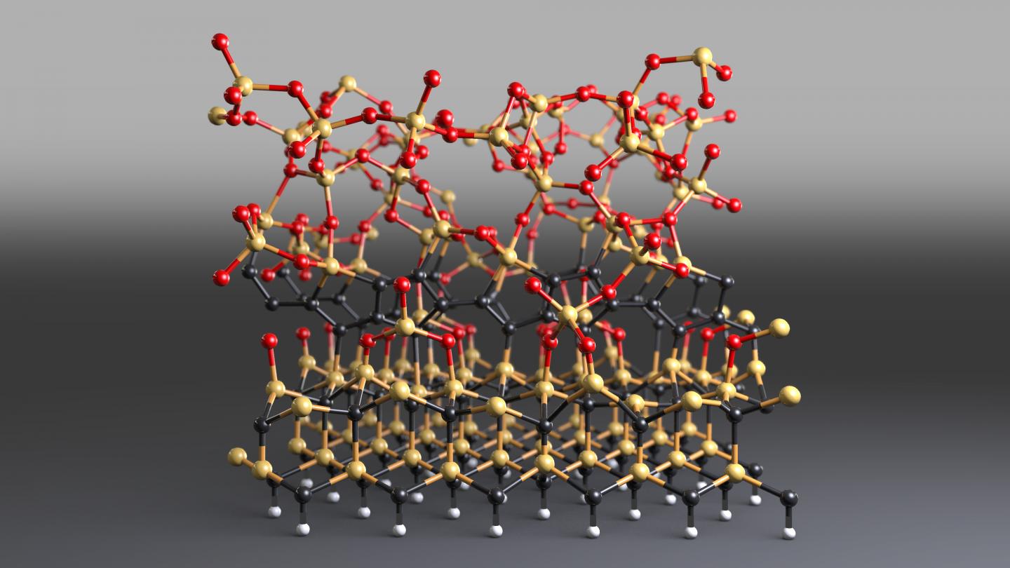 At the interface between silicon dioxide and silicon carbide, irregular clusters of carbon rings occur, which disturb the electronic function. @ Universität Basel, Departement Physik/Swiss Nanoscience Institute