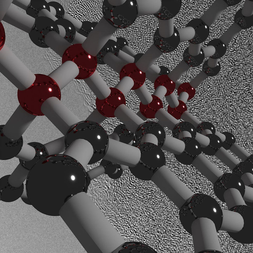 This is a visualization of ultrastrong, hard and elastic compressed glassy carbon. The illustrated structure is overlaid on an electron microscope image of the material. @ Timothy Strobel