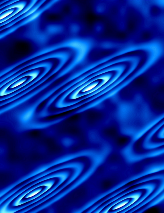 Strange electron orbits form on the surface of a crystal in this image created using a theoretical data model. These orbits correspond to the electrons being in different 'valleys' of states, yielding new insights into an area of research called 'vallytronics,' which seeks alternative ways to manipulate electrons for future electronic applications. CREDIT Image courtesy of Ali Yazdani, Department of Physics, Princeton University