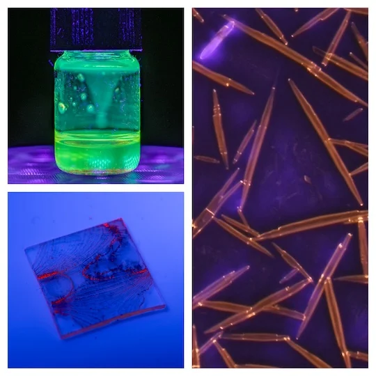 Top and bottom left: The different absorption and emissions signals. Right: A microscopic image of structural defects. @Rice University