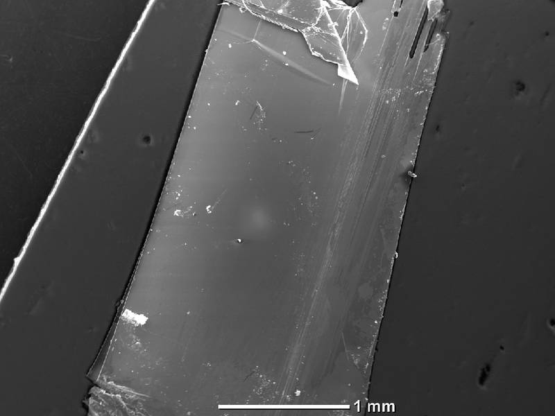 Electronmicroscopic image of a black arsenic phosphorus crystal with beginning delamination (upper rim) – image: Marianne Köpf / TUM