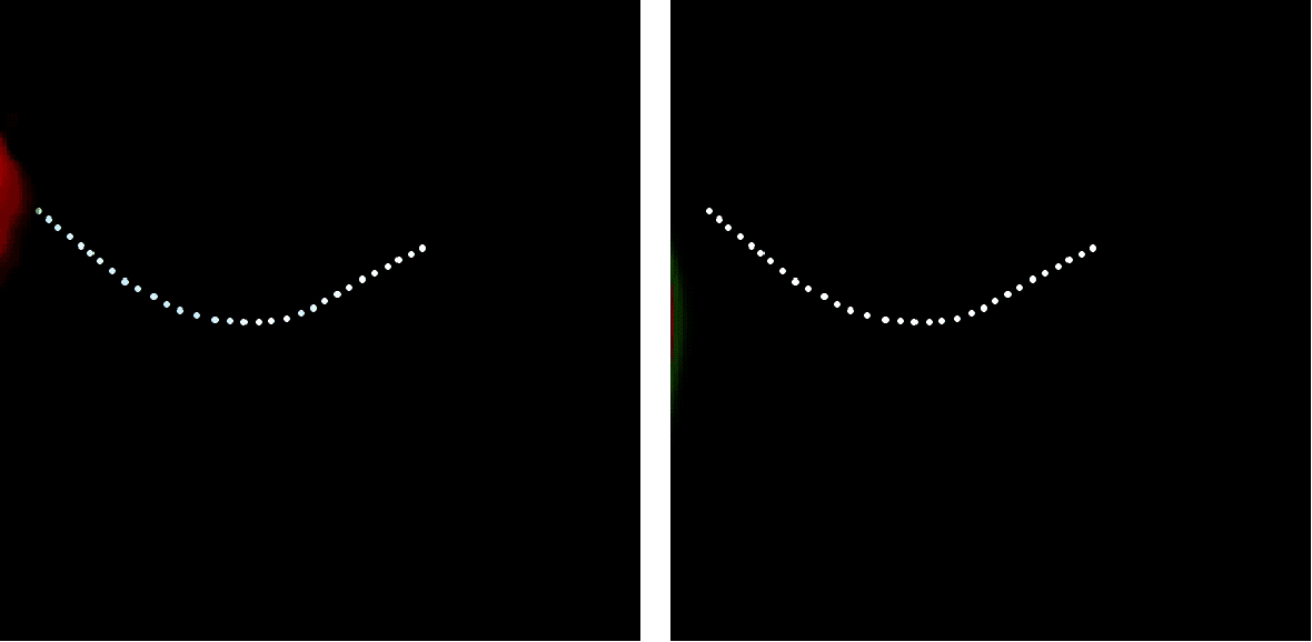 This accelerating light pulse (left) met expectations (right) that it would follow a curved trajectory and emit radiation at the terahertz frequencies of security technology and other sensing applications. (University of Michigan video/Meredith Henstridge)